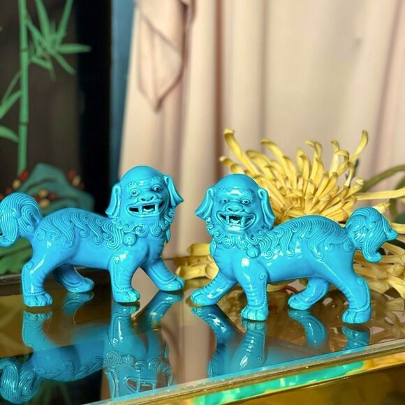 ♥️ Ceramic Foo Dog Statues - Blue - Picture 1 of 13